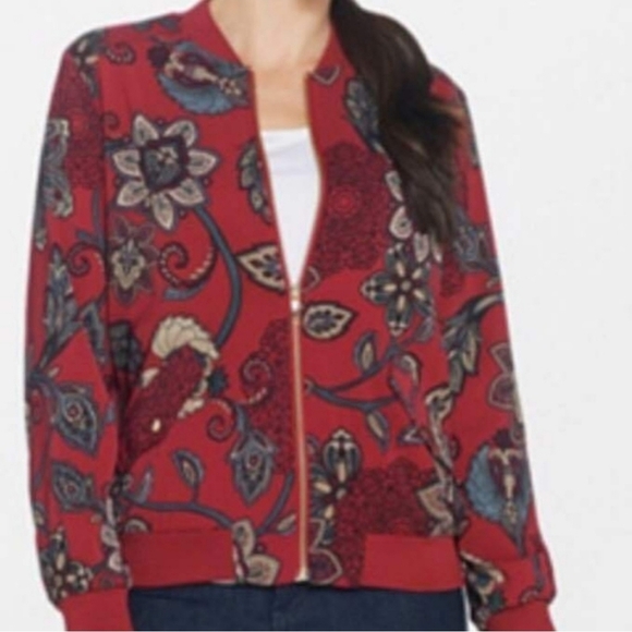 Susan Graver Tomato Girl Boho large red paisley floral bomber jacket - Picture 1 of 10